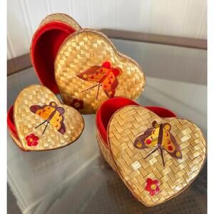 Vintage Handmade Bamboo Katrip Nesting Heart Boxes Butterfly Set of 3